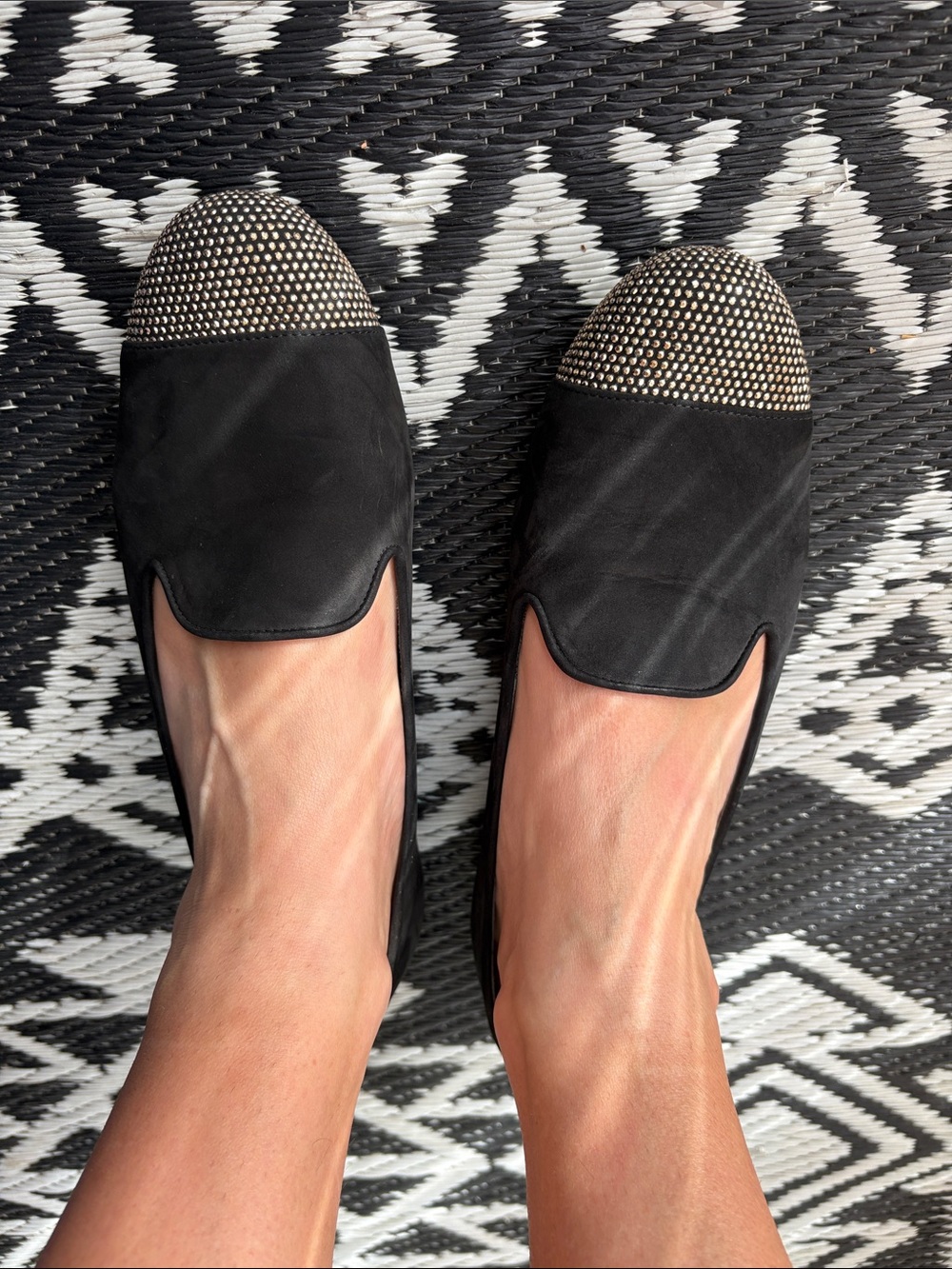 Stuart Weitzman Black Slip-On Flats with Silver  Studded Toe